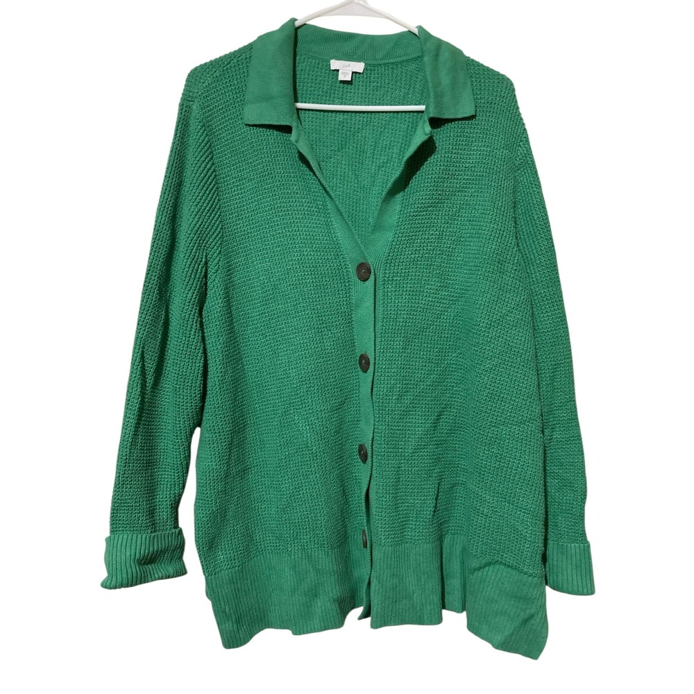 J. Jill Green Waffle Knit Button Front Cardigan Sweater Polo Collar Plus 2X